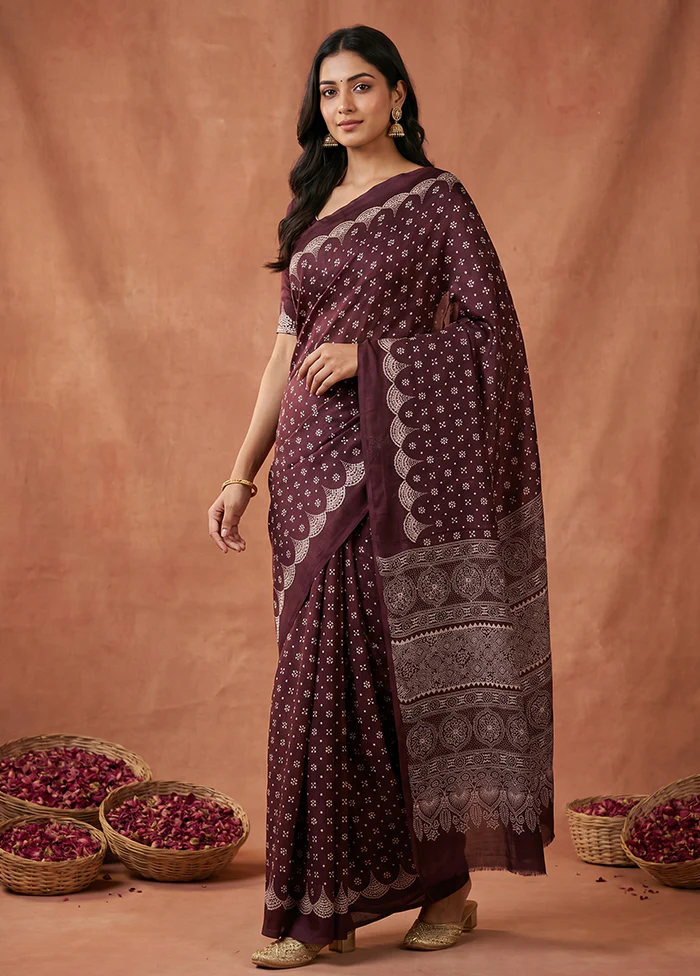 Purple Printed Silk Saree Without Blouse Piece