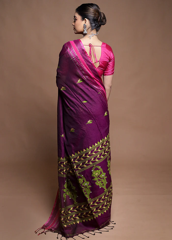 Purple Pure Cotton Saree With Blouse Piece - Image 3