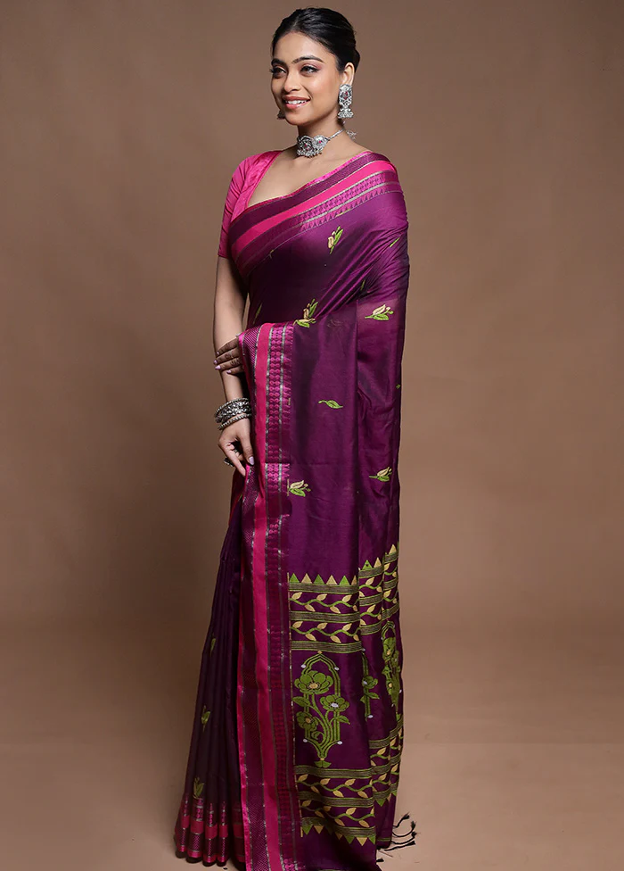 Purple Pure Cotton Saree With Blouse Piece - Image 4