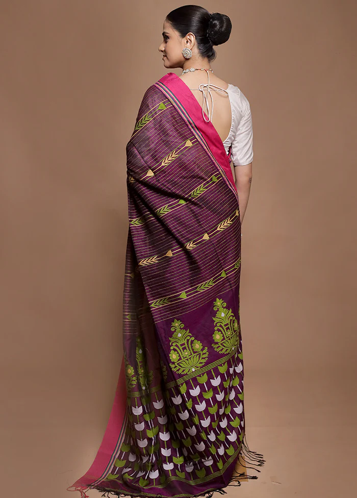 Purple Pure Cotton Saree With Blouse Piece - Image 3