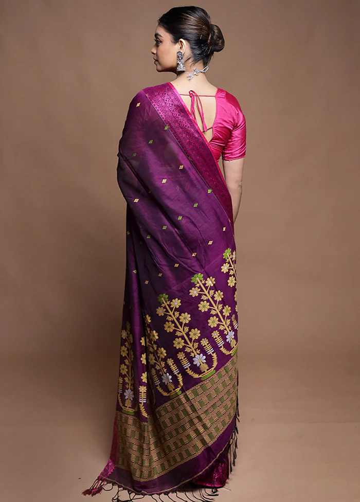 Purple Pure Cotton Saree With Blouse Piece - Image 3