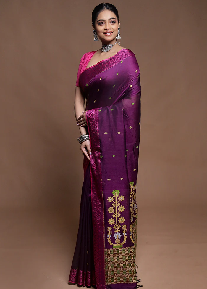 Purple Pure Cotton Saree With Blouse Piece - Image 4
