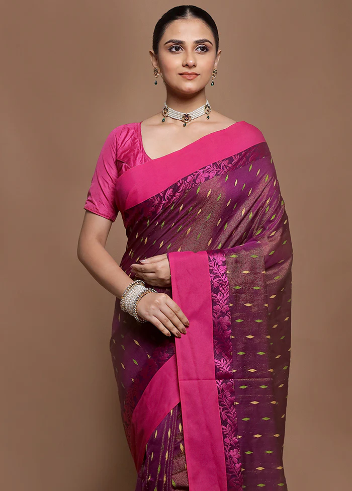Purple Pure Cotton Saree With Blouse Piece - Image 2