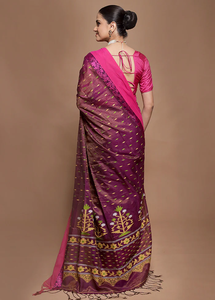 Purple Pure Cotton Saree With Blouse Piece - Image 3