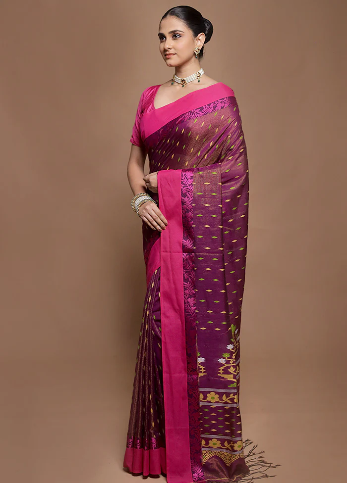 Purple Pure Cotton Saree With Blouse Piece - Image 4