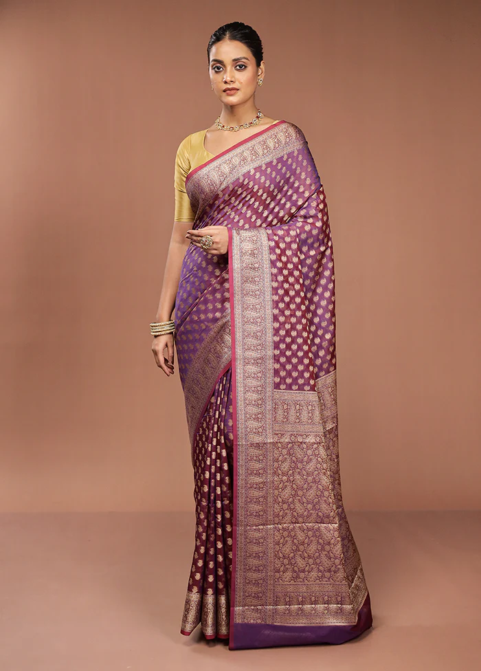 Purple Pure Cotton Saree With Blouse Piece - Image 2