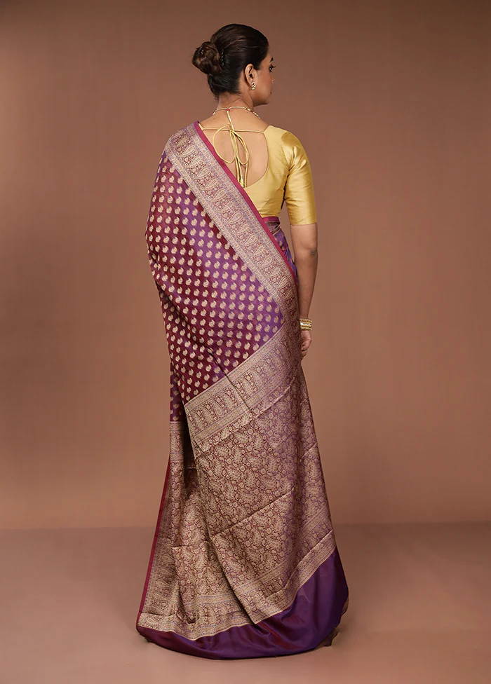 Purple Pure Cotton Saree With Blouse Piece - Image 3
