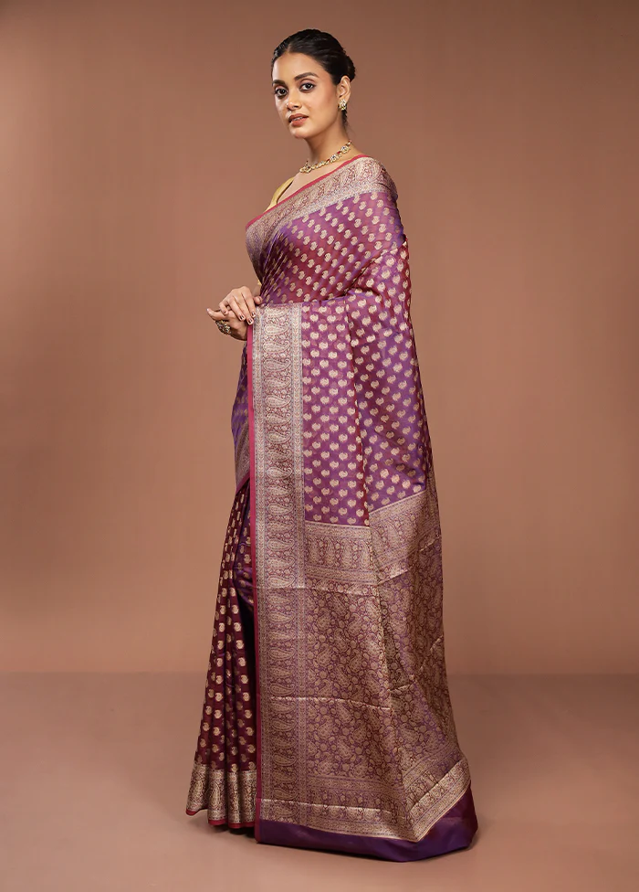 Purple Pure Cotton Saree With Blouse Piece - Image 4