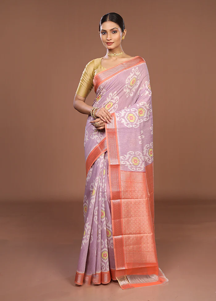 Purple Pure Cotton Saree With Blouse Piece - Image 2