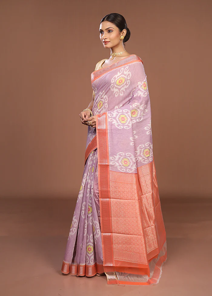 Purple Pure Cotton Saree With Blouse Piece - Image 4