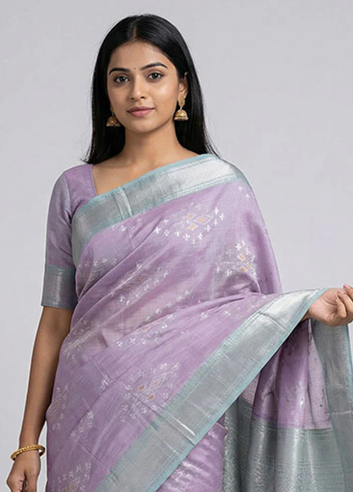 Purple Pure Cotton Saree With Blouse Piece - Image 2