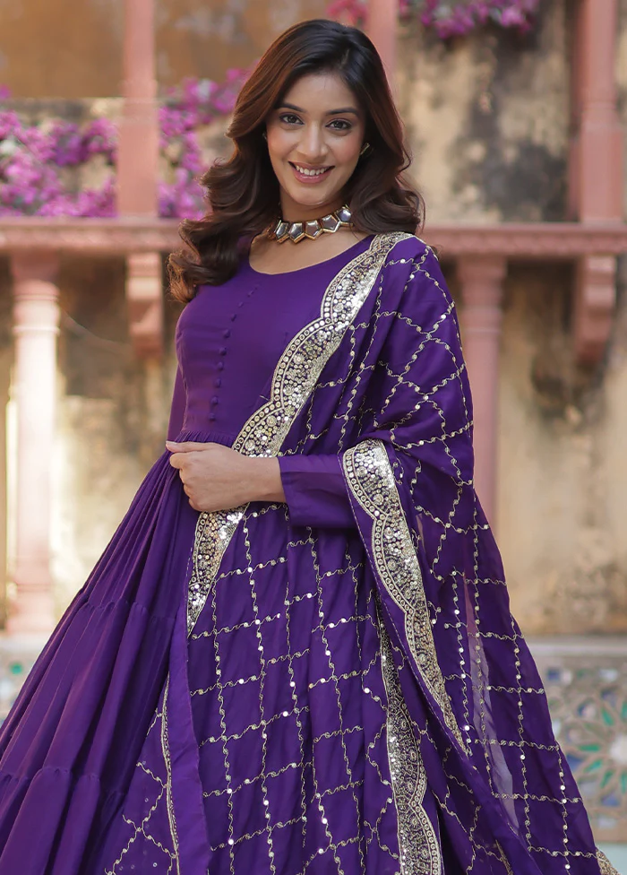 Purple Readymade Georgette Dupatta Indian Dress - Image 2