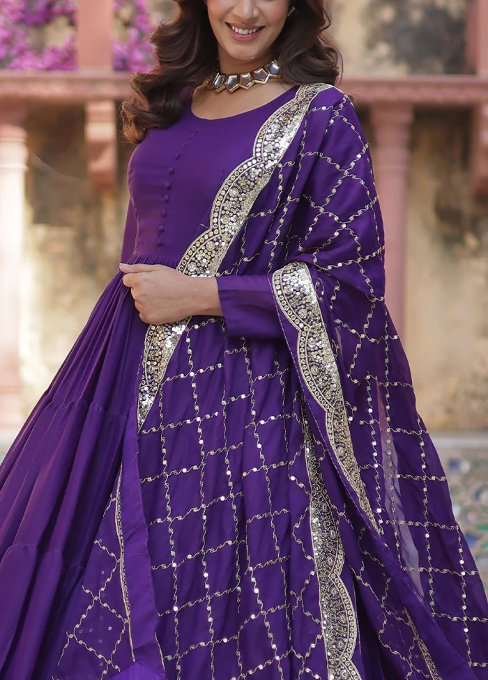 Purple Readymade Georgette Dupatta Indian Dress - Image 3