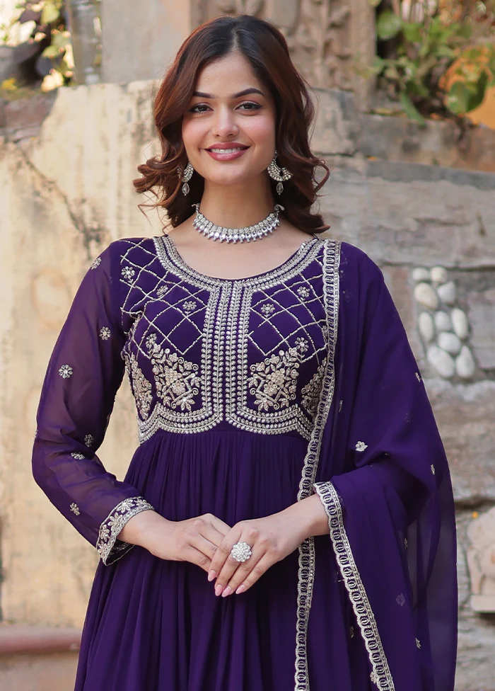 Purple Readymade Georgette Indian Dress - Image 2