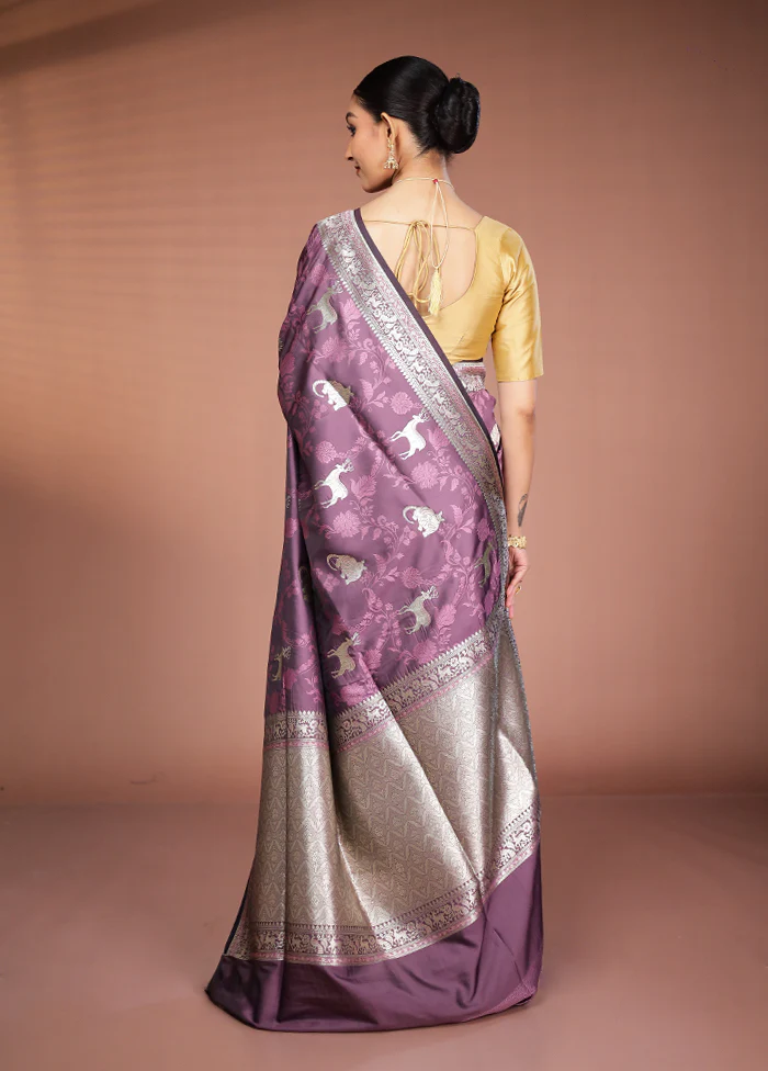 Purple Tanchoi Silk Saree With Blouse Piece - Image 3