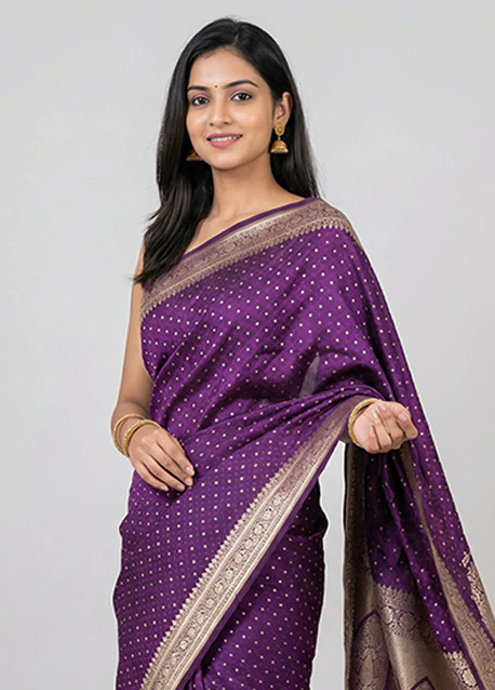 Purple Tanchoi Silk Saree With Blouse Piece - Image 2