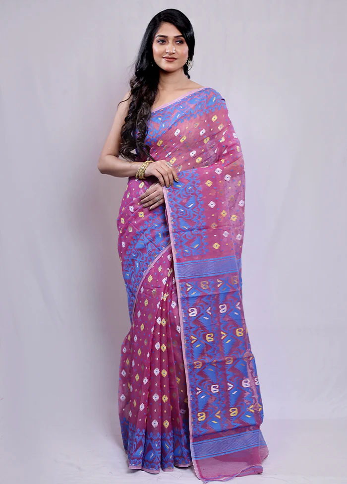 Purple Tant Jamdani Saree Without Blouse Piece - Image 3
