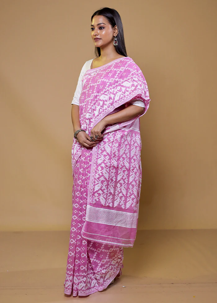 Purple Tant Jamdani Saree Without Blouse Piece - Image 4