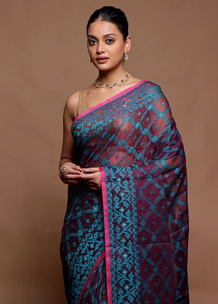 Purple Tant Jamdani Saree Without Blouse Piece - Image 2