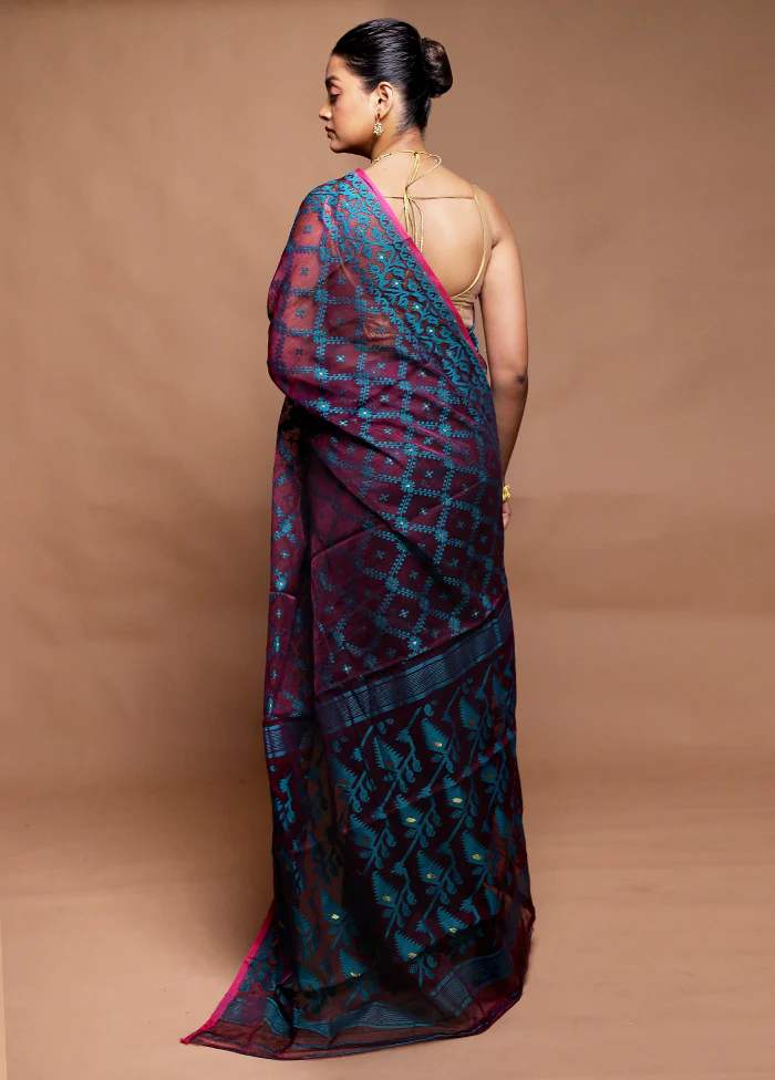 Purple Tant Jamdani Saree Without Blouse Piece - Image 3
