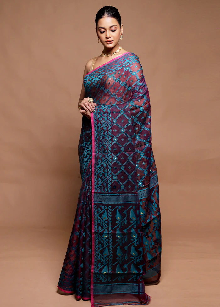 Purple Tant Jamdani Saree Without Blouse Piece - Image 4