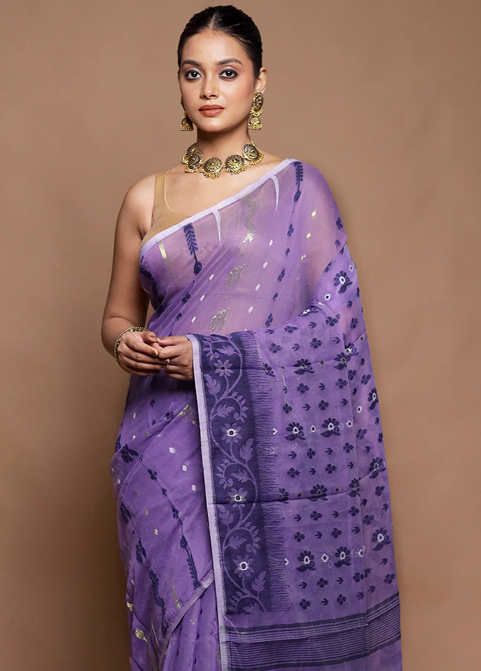 Purple Tant Jamdani Saree Without Blouse Piece - Image 2
