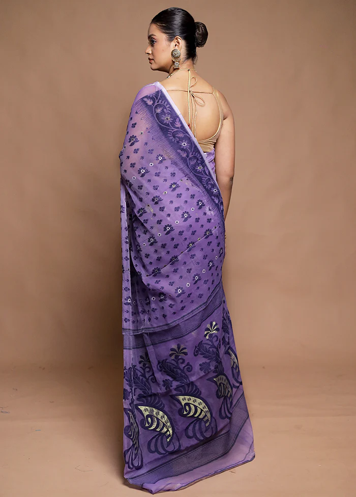 Purple Tant Jamdani Saree Without Blouse Piece - Image 3
