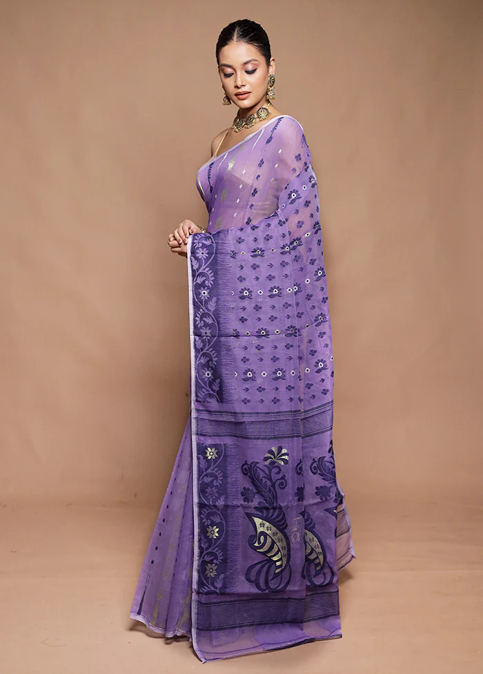 Purple Tant Jamdani Saree Without Blouse Piece - Image 4