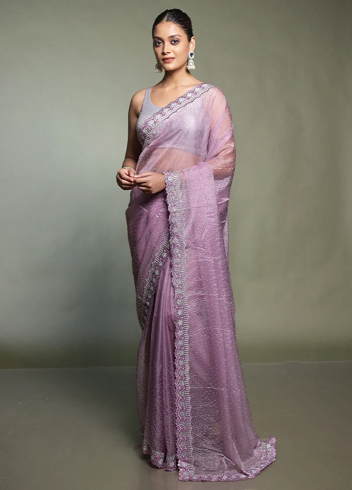 Purple Crushed Tissue Silk Saree With Blouse Piece - Image 2