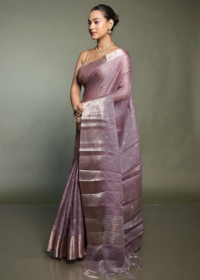 Purple Crushed Tissue Silk Saree With Blouse Piece - Image 4