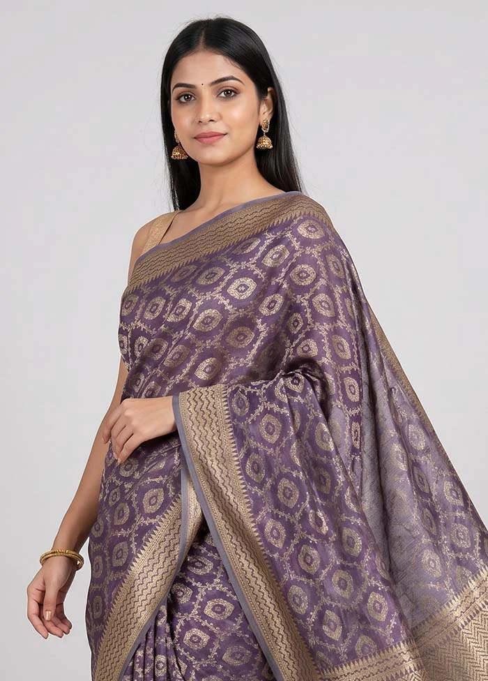 Purple Tissue Silk Saree With Blouse Piece - Image 2
