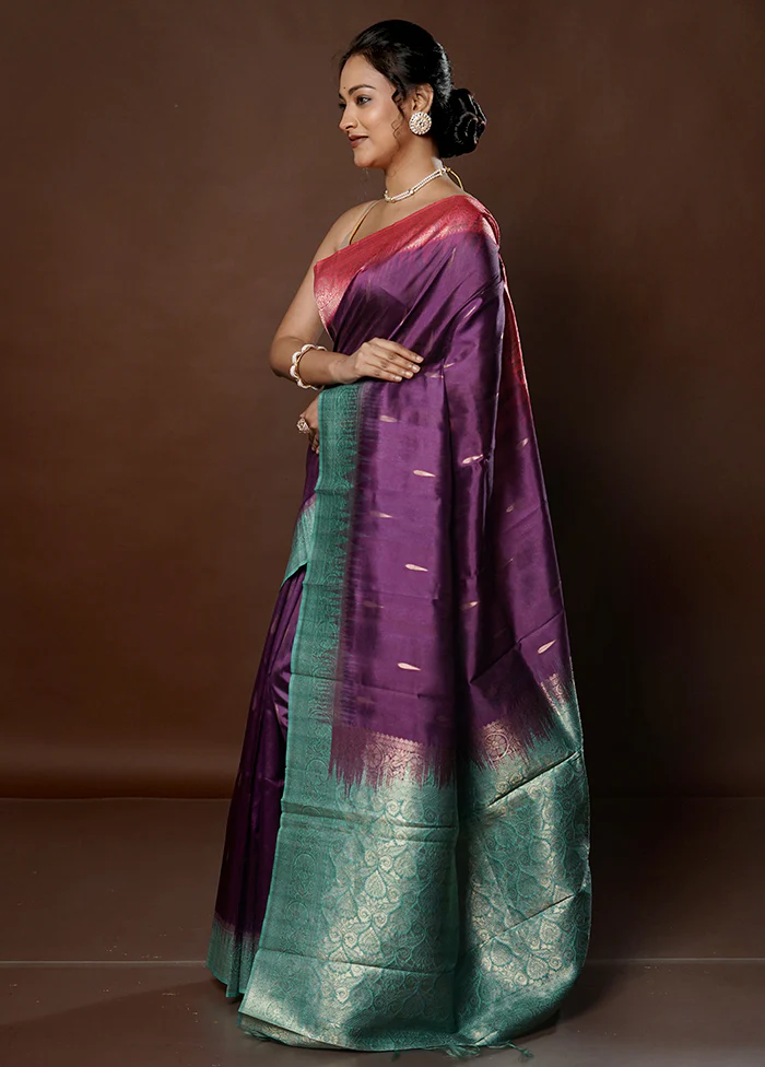 Purple Tussar Silk Saree With Blouse Piece - Image 4