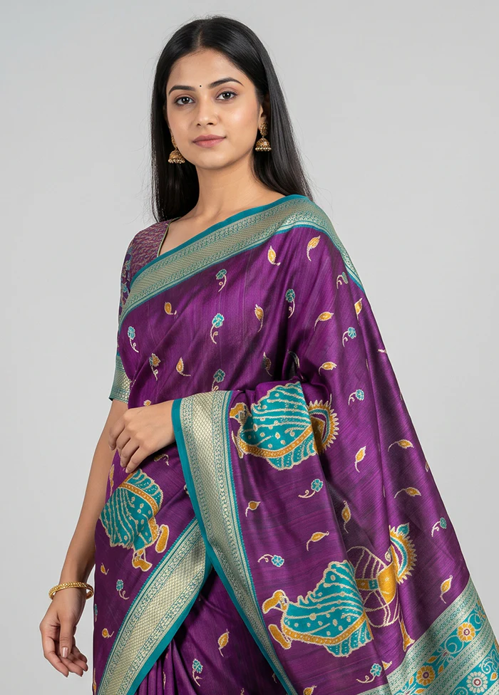 Purple Tussar Silk Saree With Blouse Piece - Image 2