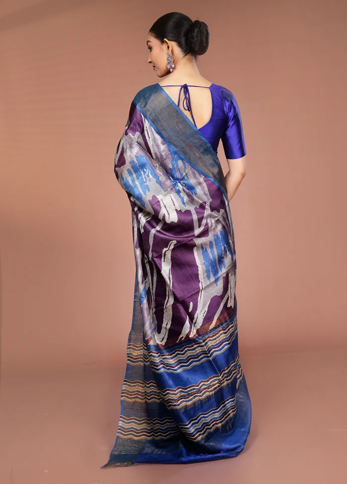 Purple Tussar Silk Saree With Blouse Piece - Image 3
