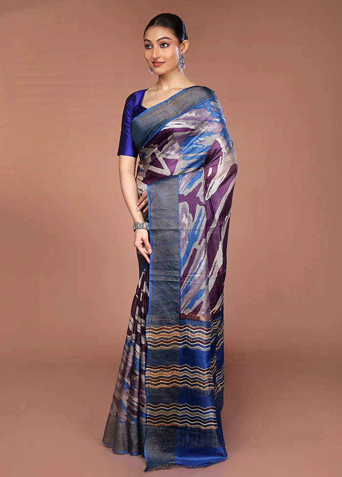 Purple Tussar Silk Saree With Blouse Piece - Image 4