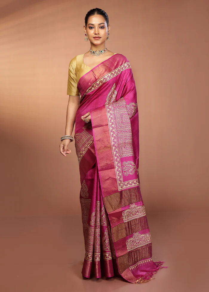 Purple Tussar Silk Saree With Blouse Piece - Image 2
