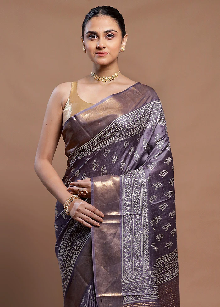Purple Tussar Silk Saree With Blouse Piece - Image 2