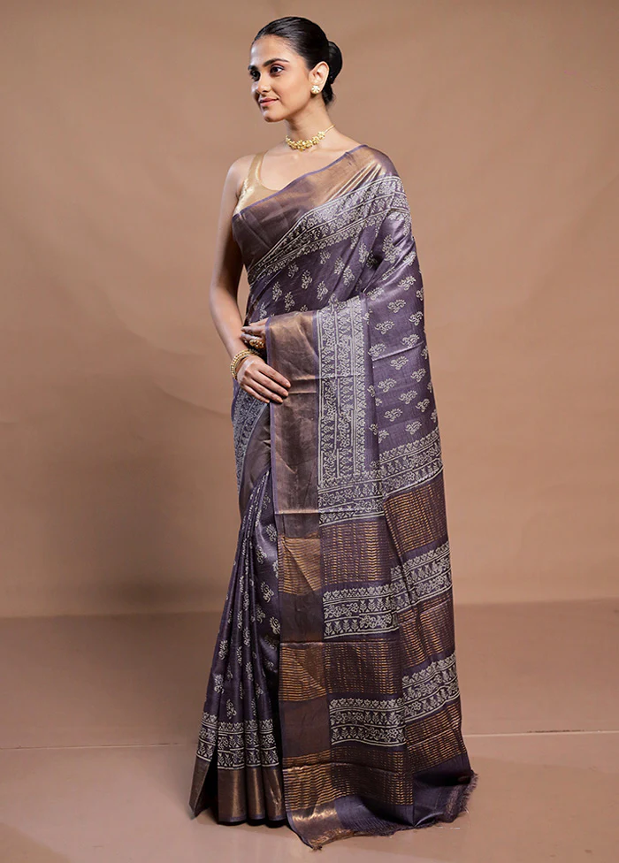 Purple Tussar Silk Saree With Blouse Piece - Image 4
