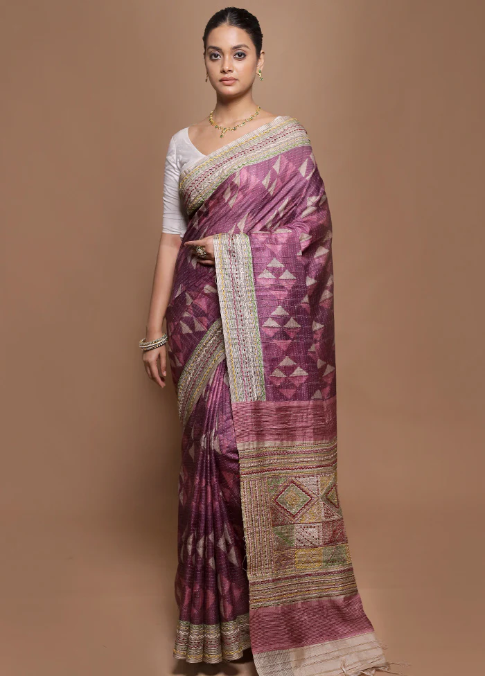 Purple Tussar Silk Saree With Blouse Piece