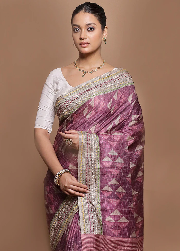 Purple Tussar Silk Saree With Blouse Piece - Image 2