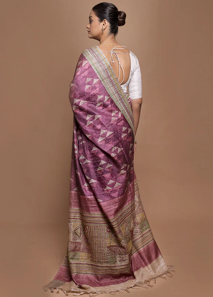 Purple Tussar Silk Saree With Blouse Piece - Image 3