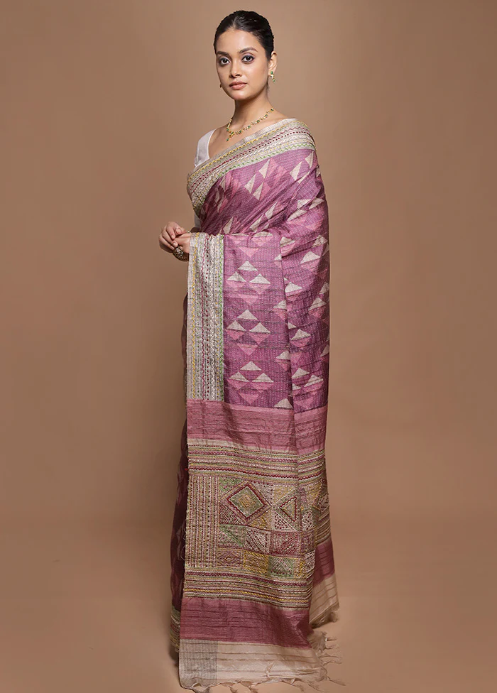 Purple Tussar Silk Saree With Blouse Piece - Image 4