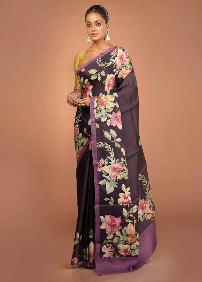 Purple Tussar Silk Saree With Blouse Piece - Image 2