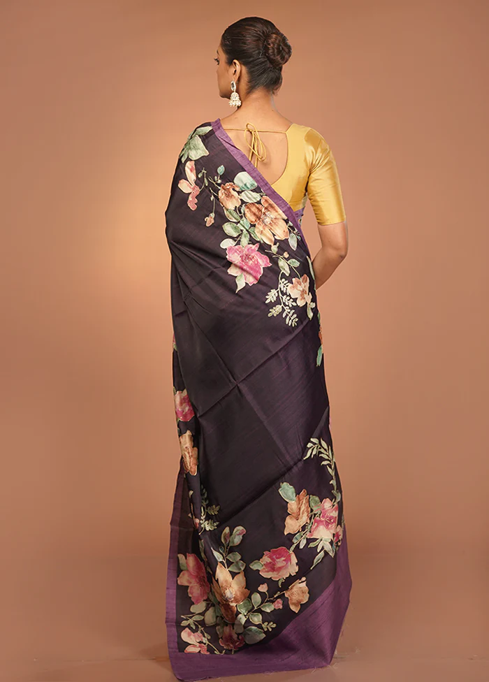 Purple Tussar Silk Saree With Blouse Piece - Image 3