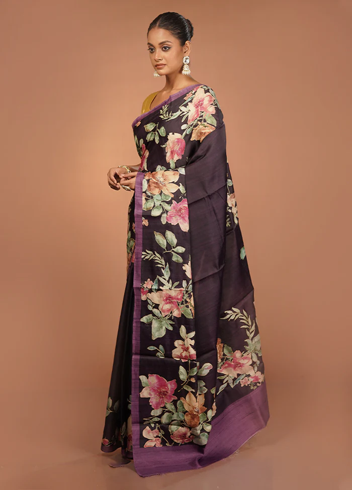 Purple Tussar Silk Saree With Blouse Piece - Image 4