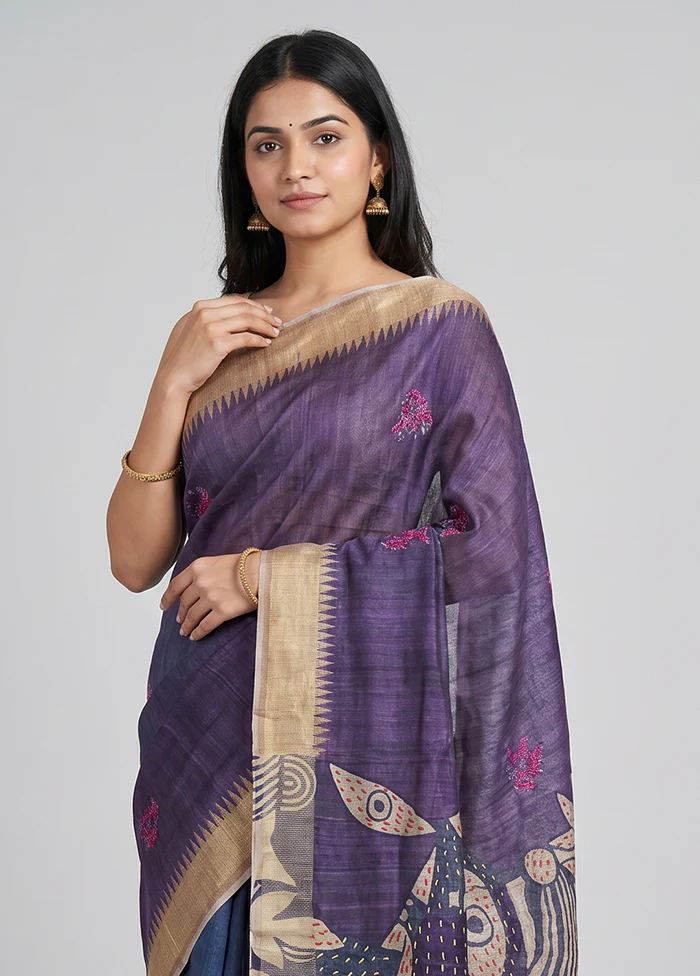 Purple Tussar Silk Saree With Blouse Piece - Image 2