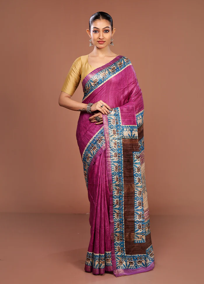 Purple Tussar Silk Saree With Blouse Piece - Image 2