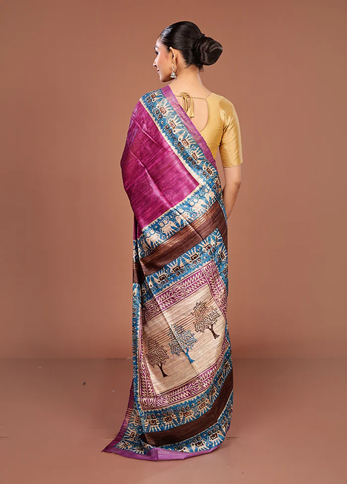 Purple Tussar Silk Saree With Blouse Piece - Image 3