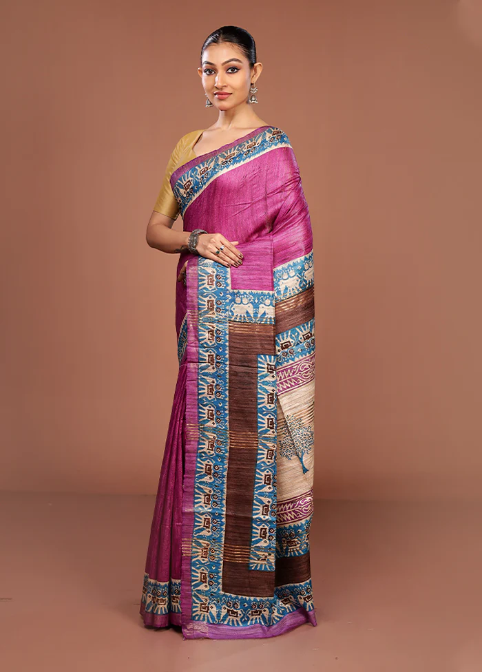 Purple Tussar Silk Saree With Blouse Piece - Image 4
