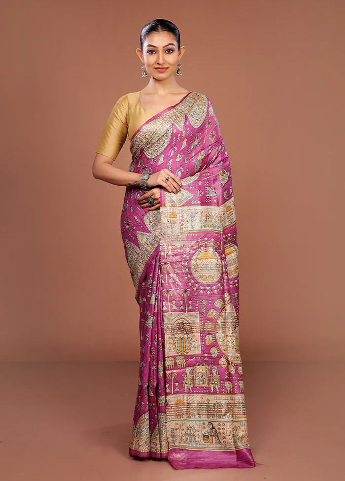 Purple Tussar Silk Saree With Blouse Piece - Image 2